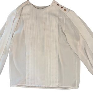 Vintage 1980s Women's Cream Pleated Front Blouse with Shoulder Buttons